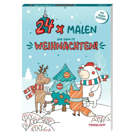 Cartoon-Tiere mit Schals schmücken einen Weihnachtsbaum mit Kugeln in verschneiter Umgebung.