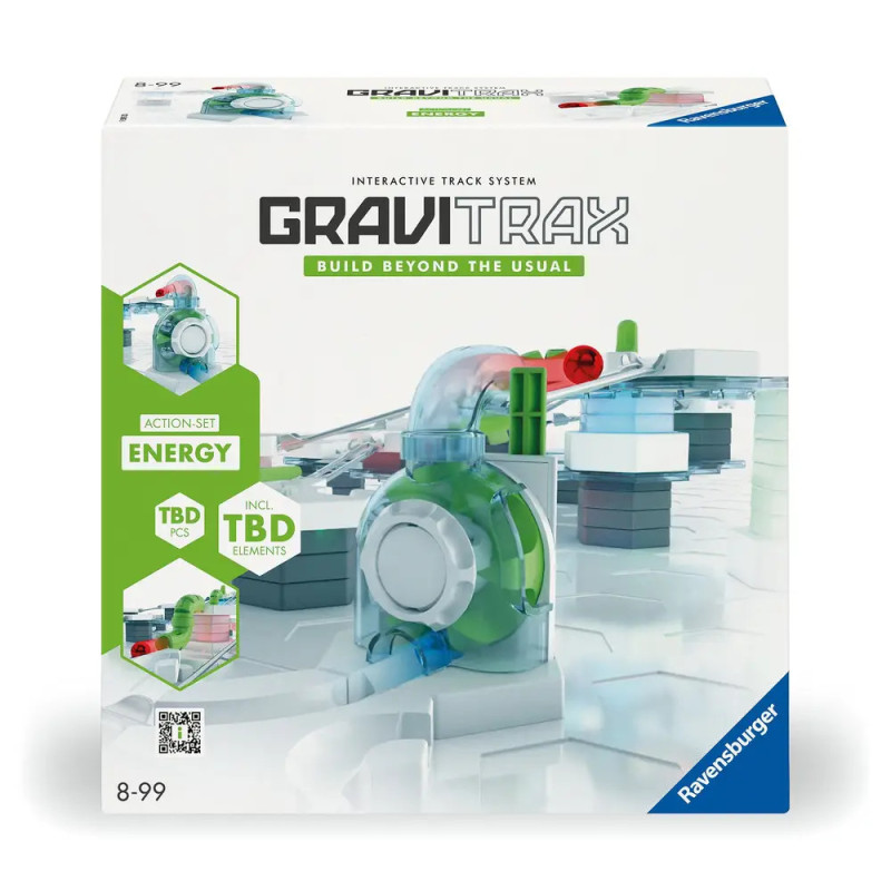 GraviTrax Energie-Set: Interaktives Kugelbahnsystem für 8-99 Jahre mit grünen und roten Elementen auf der Verpackung.
