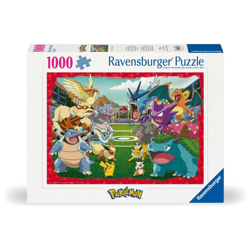 Ravensburger Puzzlebox mit 1000 Teilen, Motiv: verschiedene Pokémon in einem Stadion.