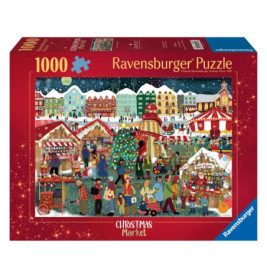 Ravensburger Puzzle mit 1000 Teilen: Weihnachtlicher Markt mit Menschen, Ständen und festlichen Dekorationen.