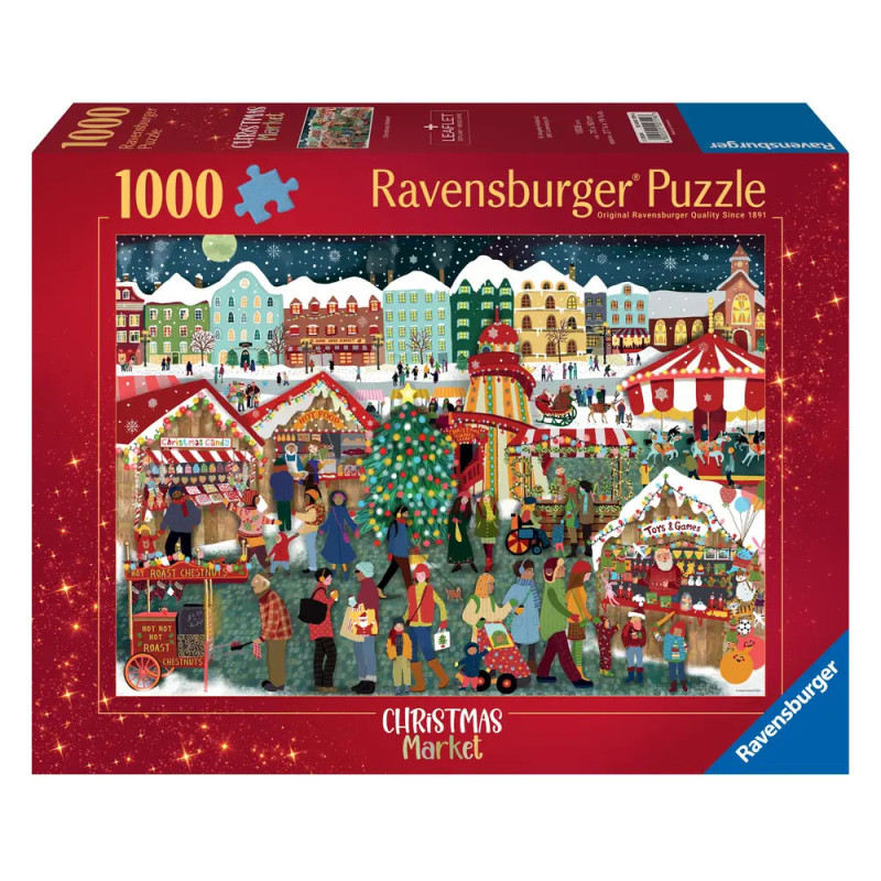 Ravensburger Puzzle mit 1000 Teilen: Weihnachtlicher Markt mit Menschen, Ständen und festlichen Dekorationen.