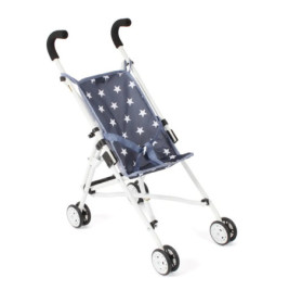 Leichter, faltbarer Kinderwagen mit blauem Sitz und weißem Sternenmuster, vier Rädern und schwarzen Griffen.