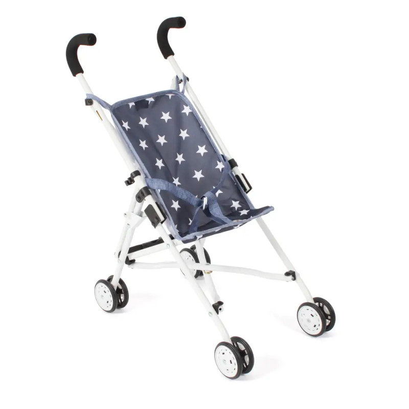 Leichter, faltbarer Kinderwagen mit blauem Sitz und weißem Sternenmuster, vier Rädern und schwarzen Griffen.