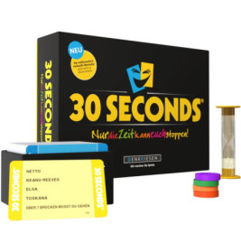 30 Seconds-Spielschachtel, Karten, Sanduhr und farbige Chips auf weißem Hintergrund.