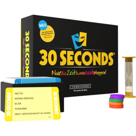 30 Seconds-Spielschachtel, Karten, Sanduhr und farbige Chips auf weißem Hintergrund.