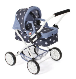 Blau-weiß gemusterter Puppenwagen mit Sternen, Verdeck, Korb und weißem Gestell auf vier Rädern.