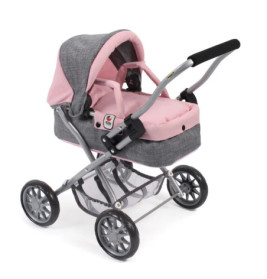 Rosa-grauer Spielzeugkinderwagen mit vier Rädern und einem Netzkorb darunter.