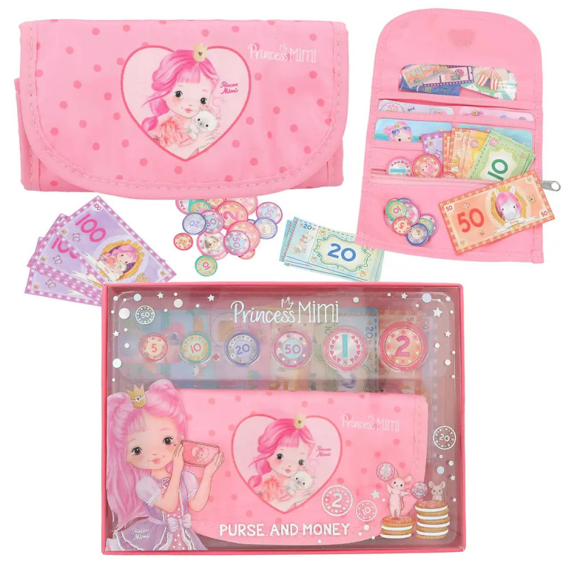 Pink Princess Mimi Spielhandtasche mit Spielgeld, Karten und Portemonnaie, verziert mit einem pinkhaarigen Mädchen.