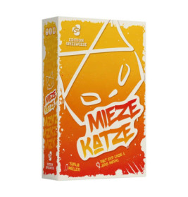 Gelb-orangefarbene Brettspielschachtel mit einfacher Katzenzeichnung und dem Titel MIEZE KATZE.