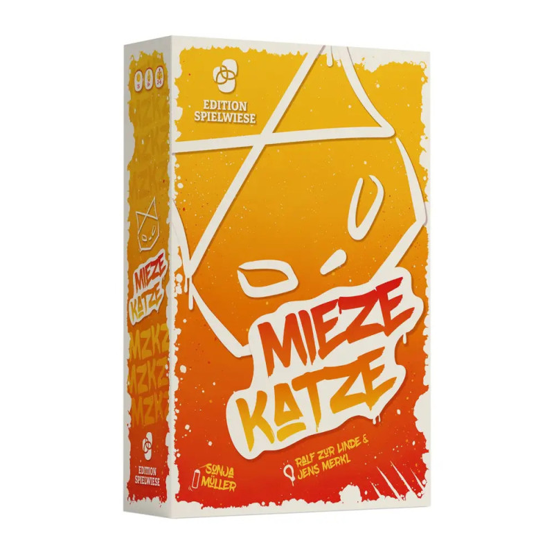 Gelb-orangefarbene Brettspielschachtel mit einfacher Katzenzeichnung und dem Titel MIEZE KATZE.