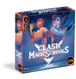 Clash of Magic Schools Brettspiel mit zwei Zauberern, die auf dem Cover Magie wirken.