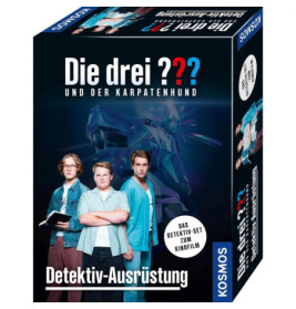 Cover von Die drei ??? und der Karpatenhund mit drei Jungen und blauer Hundesilhouette im Hintergrund.