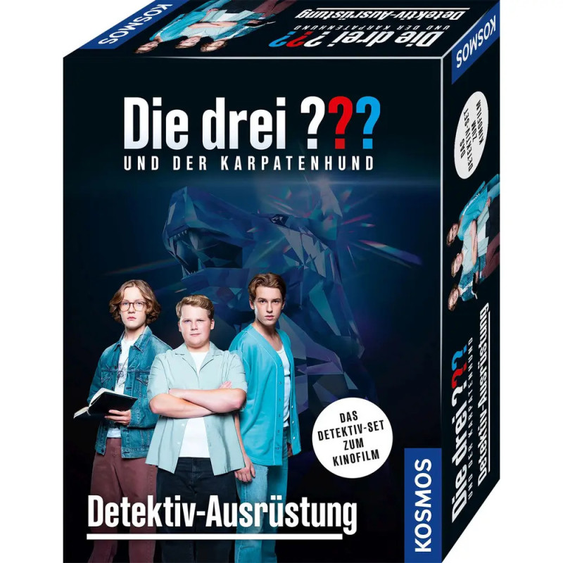 Cover von Die drei ??? und der Karpatenhund mit drei Jungen und blauer Hundesilhouette im Hintergrund.