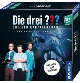 Drei Jugendliche vor Kristallhund Text: Die drei ??? Und der Karpatenhund, Brettspiel ab 8 Jahren.