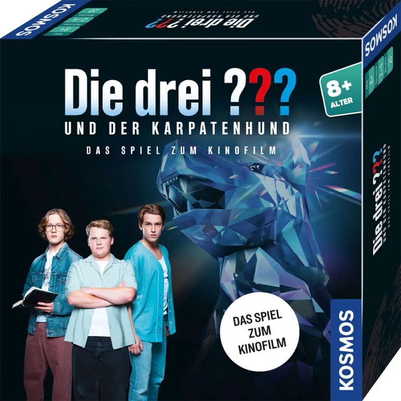 Drei Jugendliche vor Kristallhund Text: Die drei ??? Und der Karpatenhund, Brettspiel ab 8 Jahren.