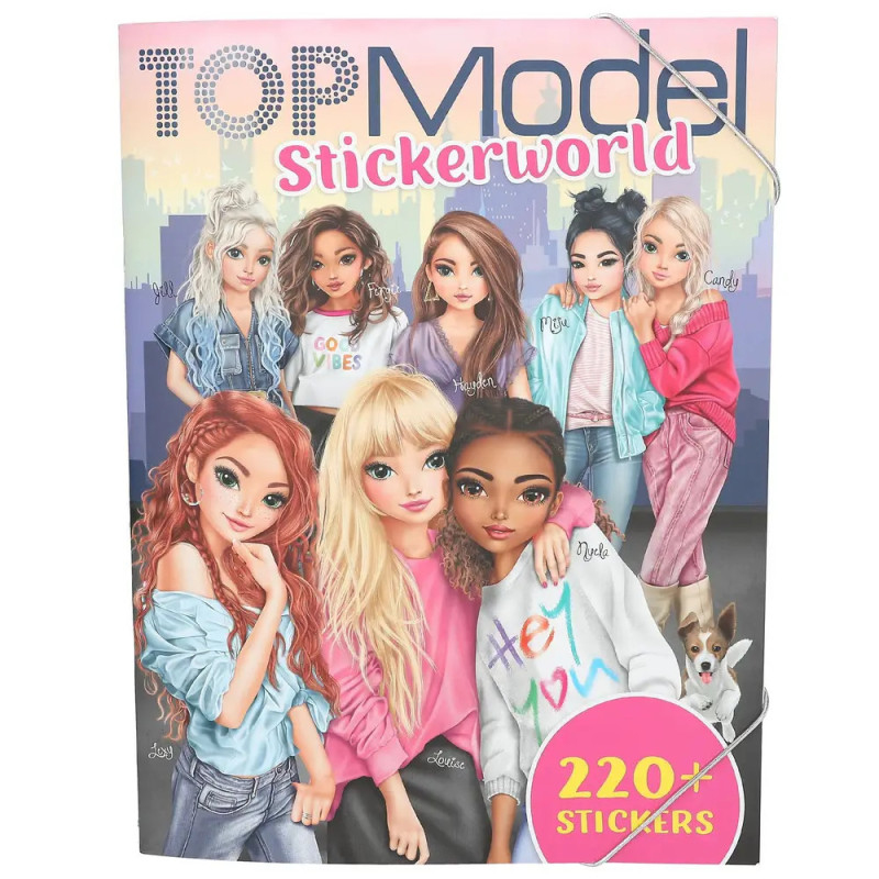 Acht gezeichnete Mädchen auf einem TOPModel Stickerworld Cover, dazu der Schriftzug 220+ Sticker.