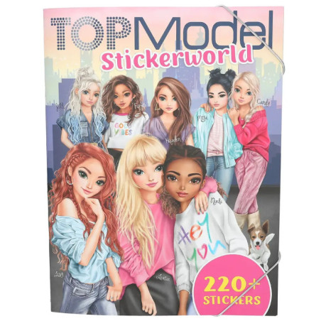 Acht gezeichnete Mädchen auf einem TOPModel Stickerworld Cover, dazu der Schriftzug 220+ Sticker.