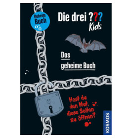 Verschlossenes Buch mit Ketten und Fledermaus, Titel: Die drei ??? Kids. Das geheime Buch (deutscher Text).