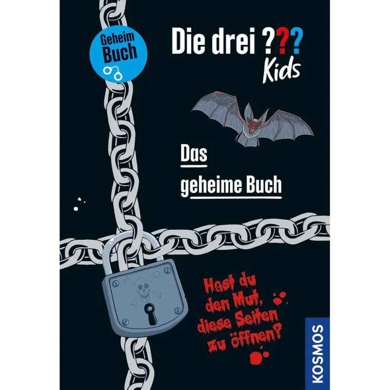 Verschlossenes Buch mit Ketten und Fledermaus, Titel: Die drei ??? Kids. Das geheime Buch (deutscher Text).