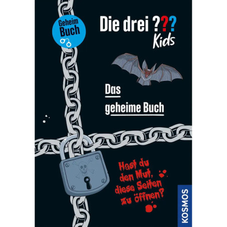 Verschlossenes Buch mit Ketten und Fledermaus, Titel: Die drei ??? Kids. Das geheime Buch (deutscher Text).