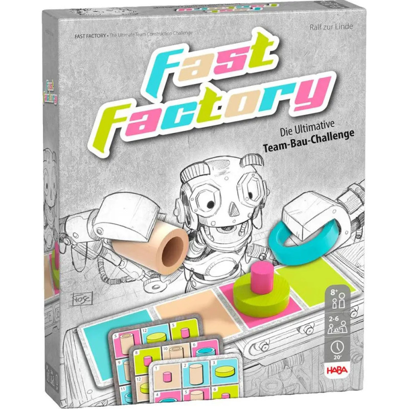 Spielebox von Fast Factory mit einem Cartoon-Roboter, der bunte Formen und Karten zusammenstellt.
