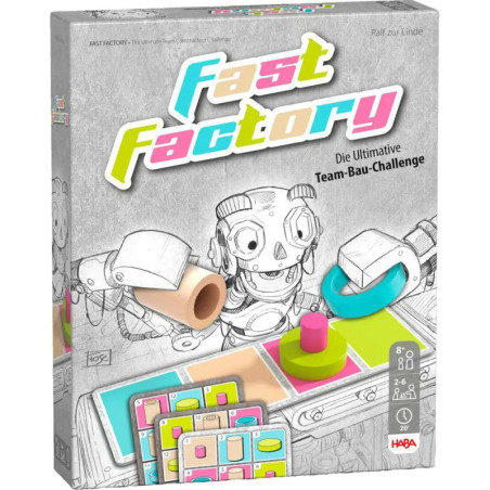 Spielebox von Fast Factory mit einem Cartoon-Roboter, der bunte Formen und Karten zusammenstellt.