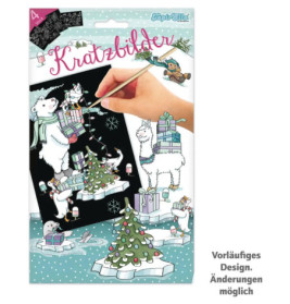 Hand kratzt an schwarzem Blatt Eisbär, Lama und Pinguin tragen Geschenke bei verschneitem Baum deutscher Text oben.