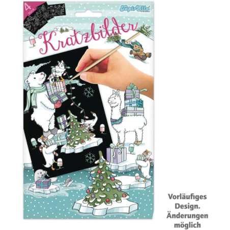 Hand kratzt an schwarzem Blatt Eisbär, Lama und Pinguin tragen Geschenke bei verschneitem Baum deutscher Text oben.
