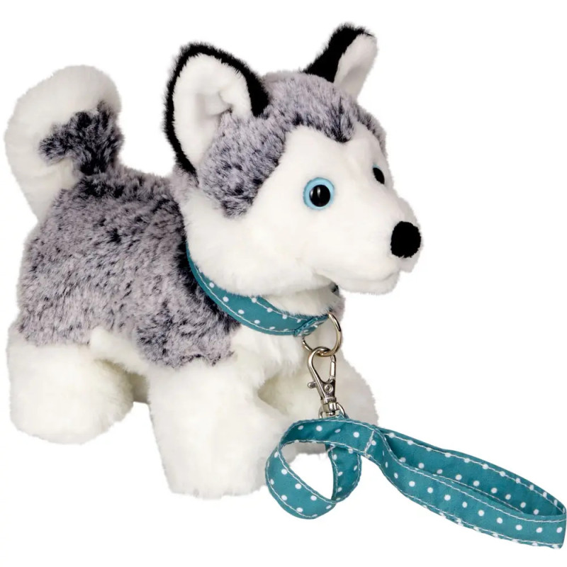 Plüsch-Husky mit blauem Punkt-Halsband und Leine steht auf allen vieren.