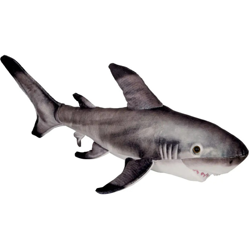 Plüschhai in realistischer Grau-Weiß-Färbung mit sichtbaren Flossen und geöffnetem Maul samt Zähnen. Plüschhai in realistischer Grau-Weiß-Färbung mit sichtbaren Flossen und geöffnetem Maul samt Zähnen.