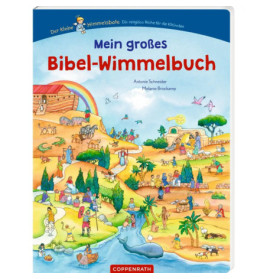 Cover eines Bibel-Wimmelbuchs für Kinder mit bunten biblischen Szenen und Tieren, Titel: Mein großes Bibel-Wimmelbuch.