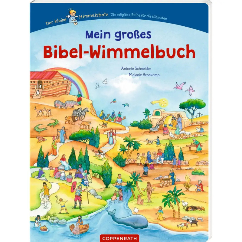 Cover eines Bibel-Wimmelbuchs für Kinder mit bunten biblischen Szenen und Tieren, Titel: Mein großes Bibel-Wimmelbuch.