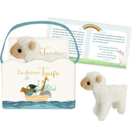 Stofflamm, Buch und Tasche mit Zu deiner Taufe und einer Arche-Noah-Illustration auf der Vorderseite.