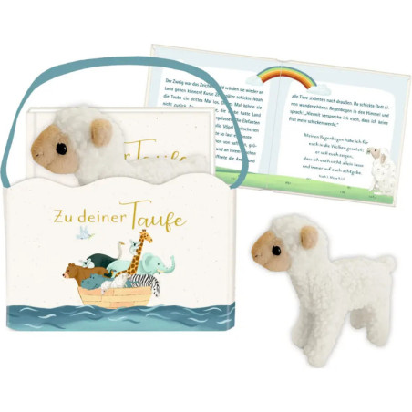 Stofflamm, Buch und Tasche mit Zu deiner Taufe und einer Arche-Noah-Illustration auf der Vorderseite.