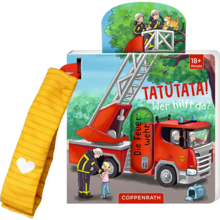 Bilderbuch: Feuerwehrleute retten eine Katze aus einem Baum neben einem roten Feuerwehrauto.