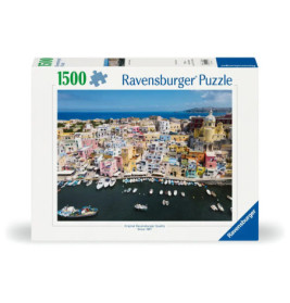 Ravensburger Puzzle, 1500 Teile: Bunte Küstenstadt mit Booten im Hafen auf dem Karton abgebildet.