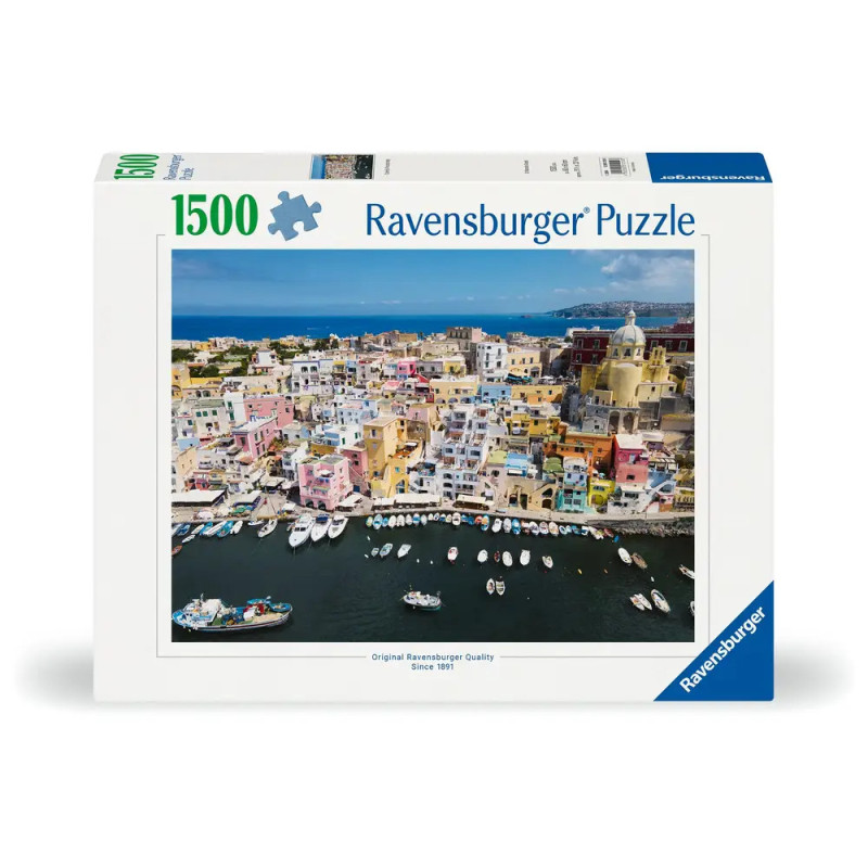 Ravensburger Puzzle, 1500 Teile: Bunte Küstenstadt mit Booten im Hafen auf dem Karton abgebildet. Ravensburger Puzzle, 1500 Teile: Bunte Küstenstadt mit Booten im Hafen auf dem Karton abgebildet.