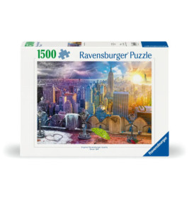 Ravensburger Puzzle mit 1500 Teilen, zeigt eine Skyline mit Sonne über Wolkenkratzern auf der Verpackung.