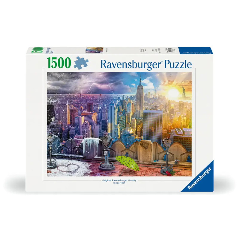 Ravensburger Puzzle mit 1500 Teilen, zeigt eine Skyline mit Sonne über Wolkenkratzern auf der Verpackung. Ravensburger Puzzle mit 1500 Teilen, zeigt eine Skyline mit Sonne über Wolkenkratzern auf der Verpackung.