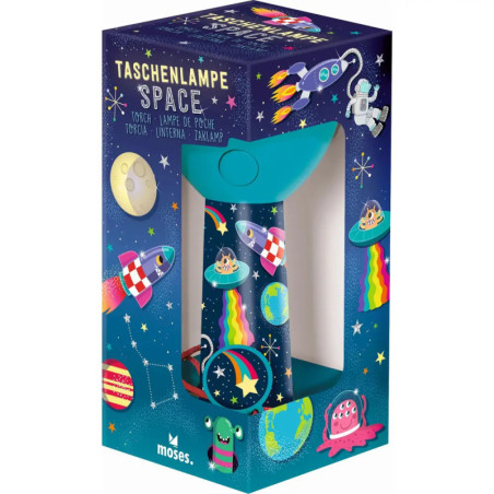 Taschenlampe im Weltraumdesign, Verpackung mit bunten Raketen, UFOs, Planeten und Sternen.