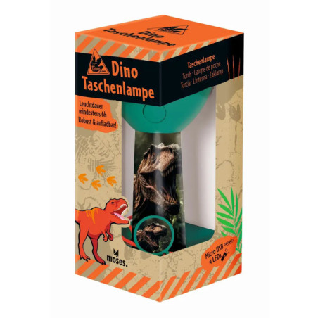 Grüne Dino-Taschenlampe in orangener Box mit Dinosaurierbildern und der deutschen Aufschrift Dino Taschenlampe.