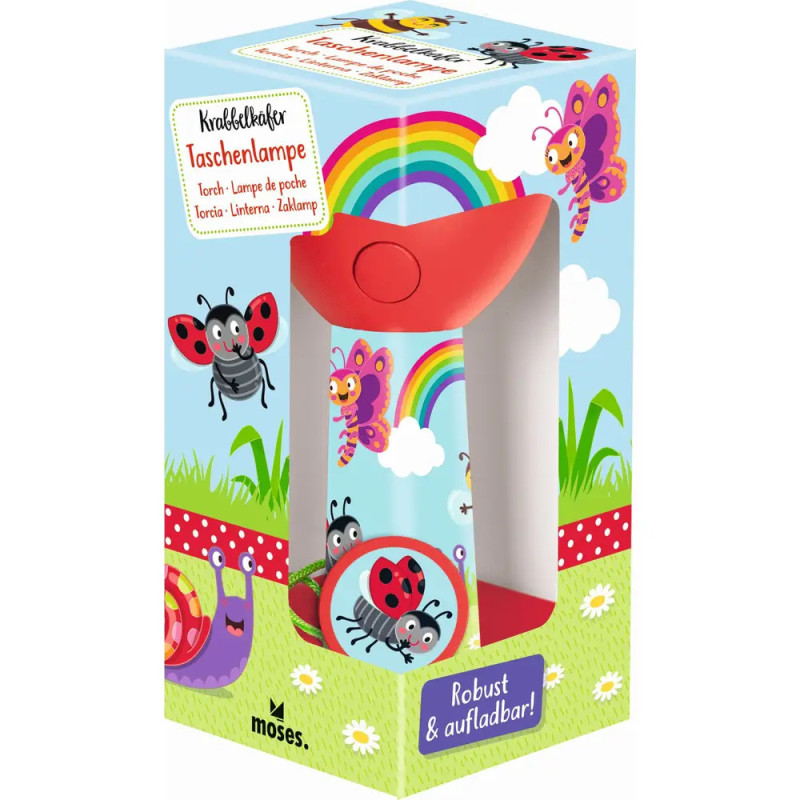 Kinder-Taschenlampe mit Marienkäfer-, Regenbogen- und Wolkenmotiven auf bunter Verpackung mit deutschem Text.