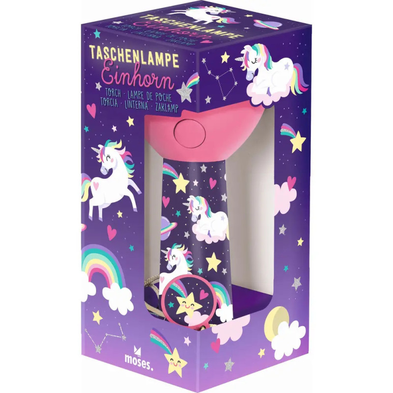 Einhorn-Taschenlampe in Box mit Regenbögen, Herzen und Sternen auf violettem Grund. Text auf Deutsch.