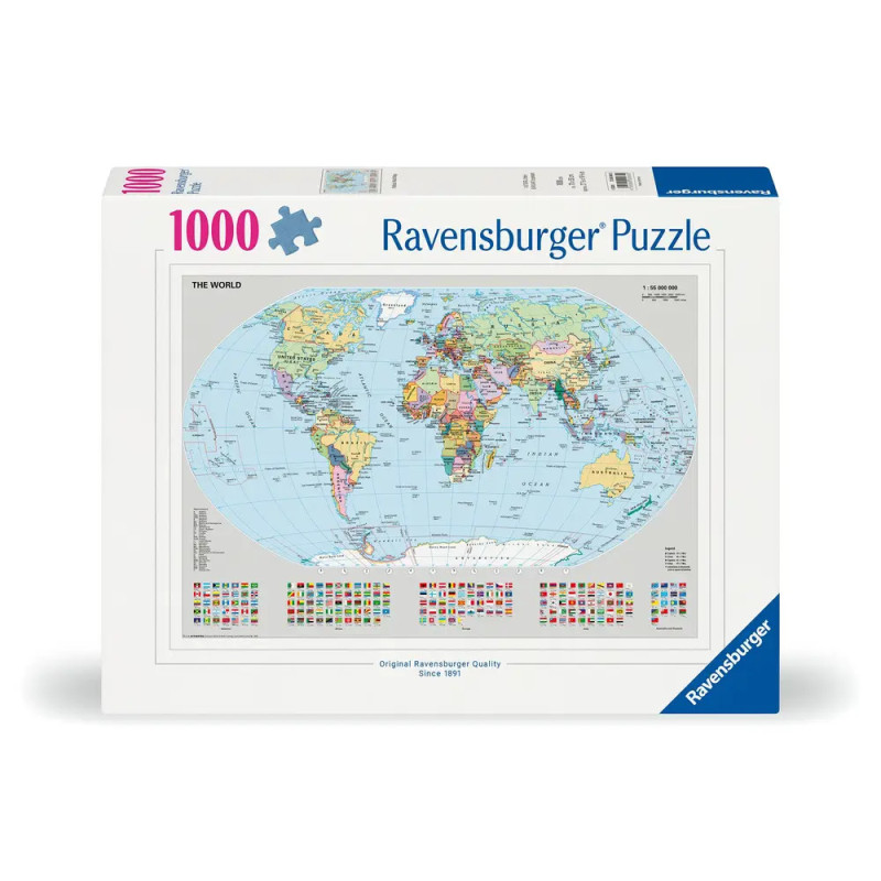 Ravensburger Puzzlebox mit 1000 Teilen und detaillierter Weltkarten-Illustration auf der Vorderseite.