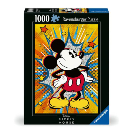 Ravensburger Puzzle mit 1000 Teilen, zeigt ein buntes Pop-Art-Motiv von Mickey Mouse vor Sternen.