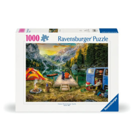 Schachtel eines 1000-teiligen Ravensburger Puzzles mit Seeufer-Campingplatz, Bergen, Zelten und blauem Van.