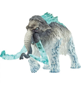 Spielzeug-Mammut mit eisblauen Stoßzähnen, Füßen und Rücken, das an ein Fantasiewesen erinnert.