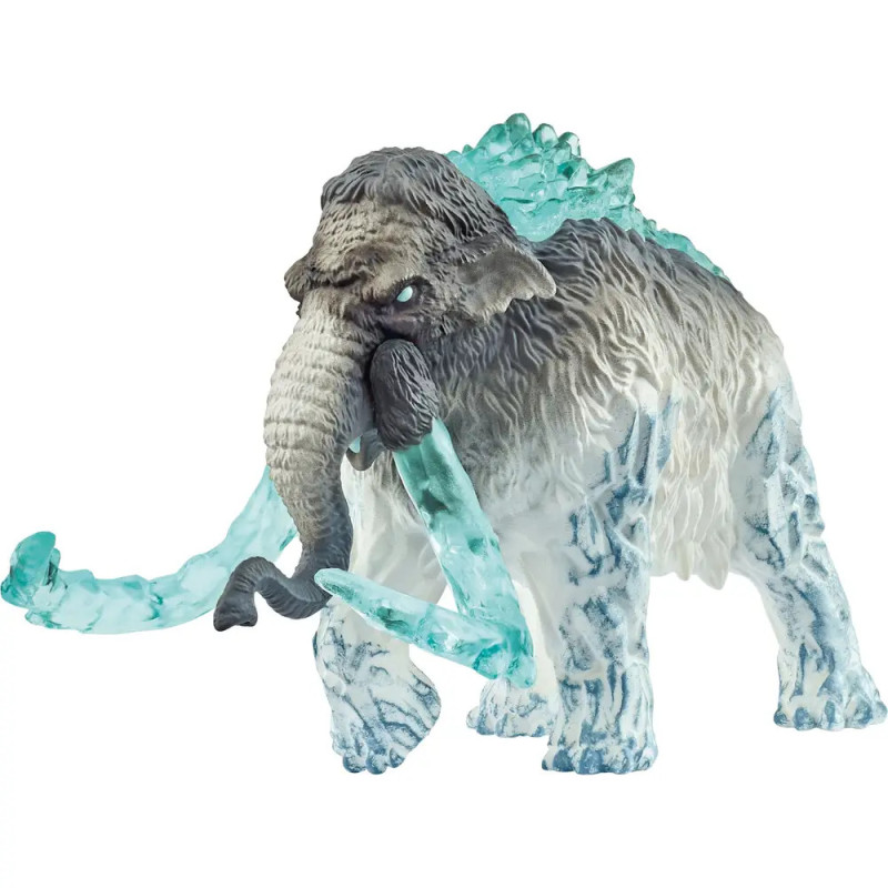 Spielzeug-Mammut mit eisblauen Stoßzähnen, Füßen und Rücken, das an ein Fantasiewesen erinnert. Spielzeug-Mammut mit eisblauen Stoßzähnen, Füßen und Rücken, das an ein Fantasiewesen erinnert.