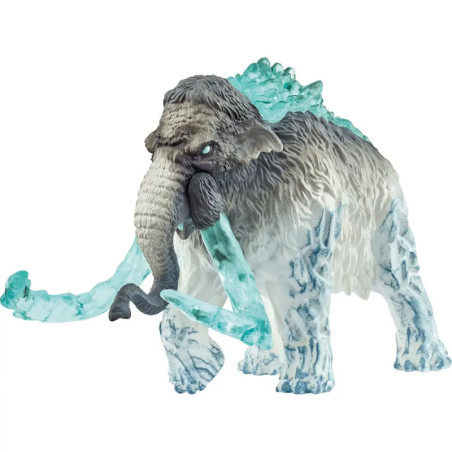 Spielzeug-Mammut mit eisblauen Stoßzähnen, Füßen und Rücken, das an ein Fantasiewesen erinnert.