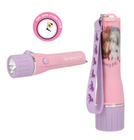 Rosa-lila Taschenlampe mit Tiermotiv, passendem Trageband und Ein-/Ausschalt-Symbol oben.